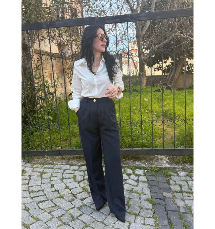 Düğme Detaylı Pileli Palazzo Pantolon Lacivert