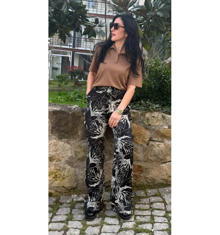 Siyah Desenli Kalın Saten Pantalon