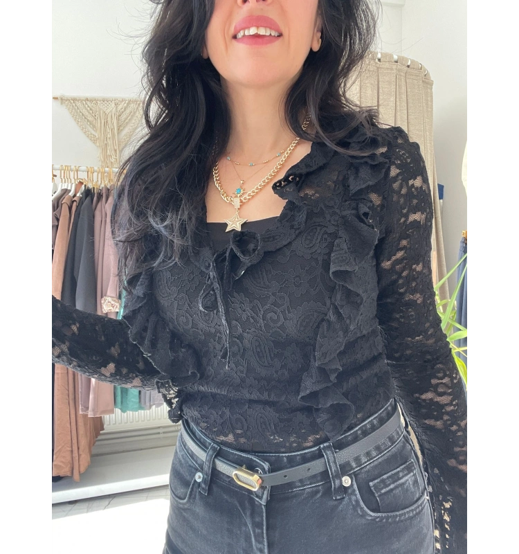 Siyah Likralı Dantel Buluz