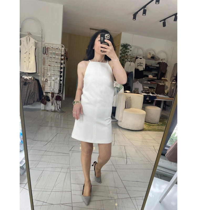 Beyaz Kısa Elbise Halter Yaka