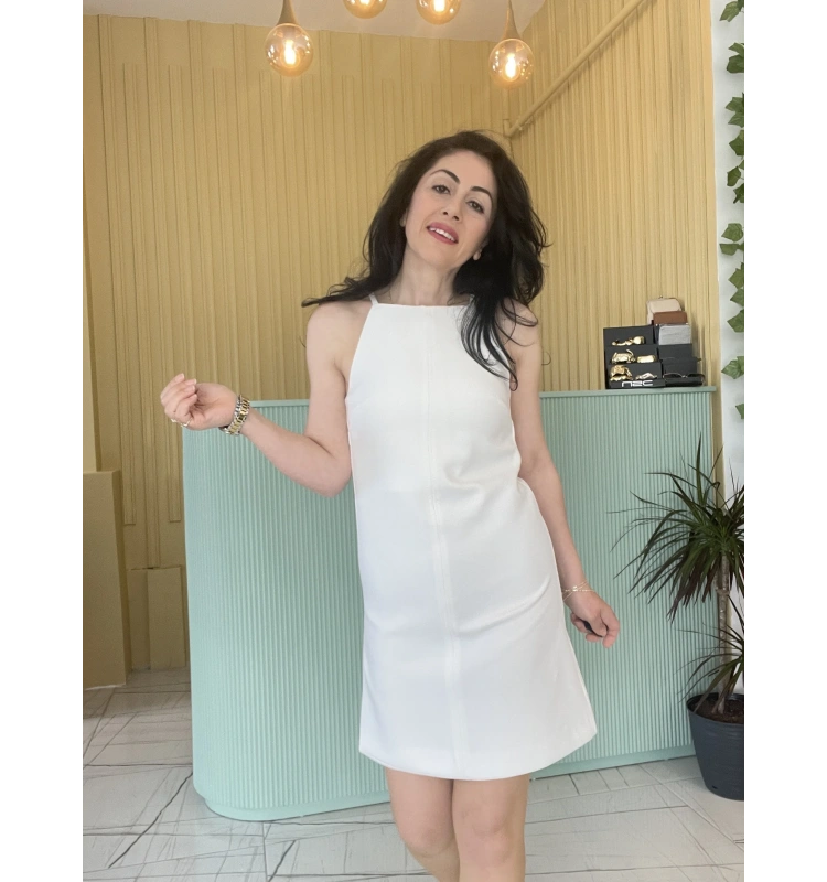 Beyaz Kısa Elbise Halter Yaka