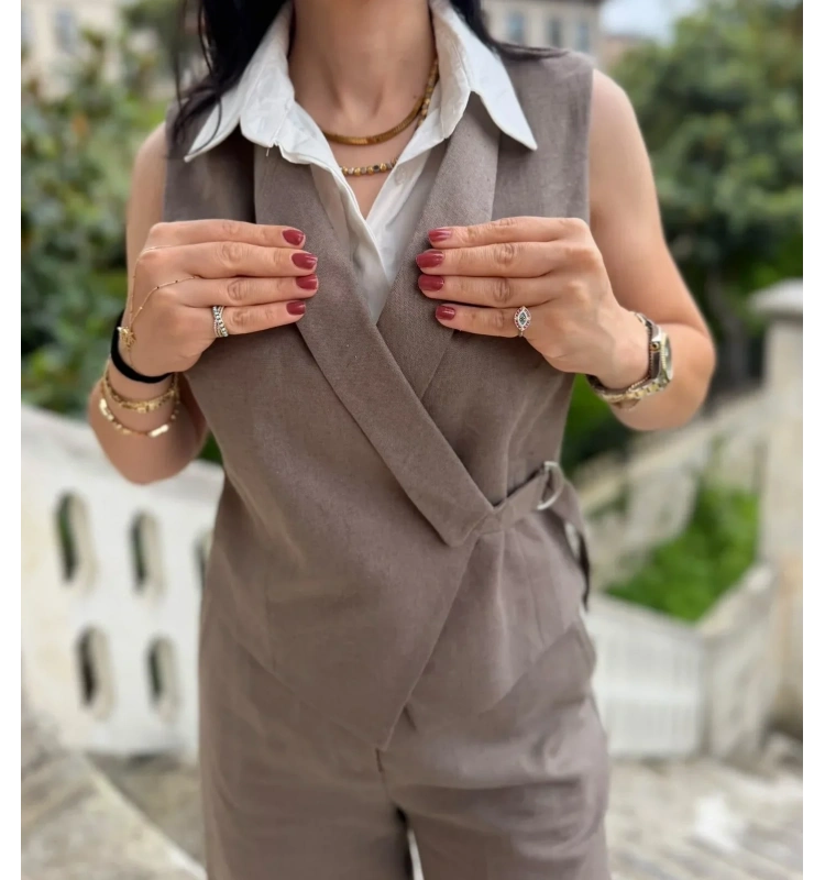 Karen poplin yeleklı keten tekım
