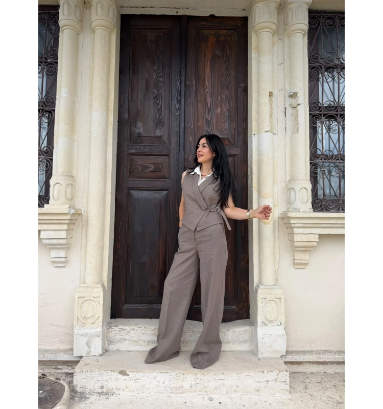 Karen poplin yeleklı keten tekım