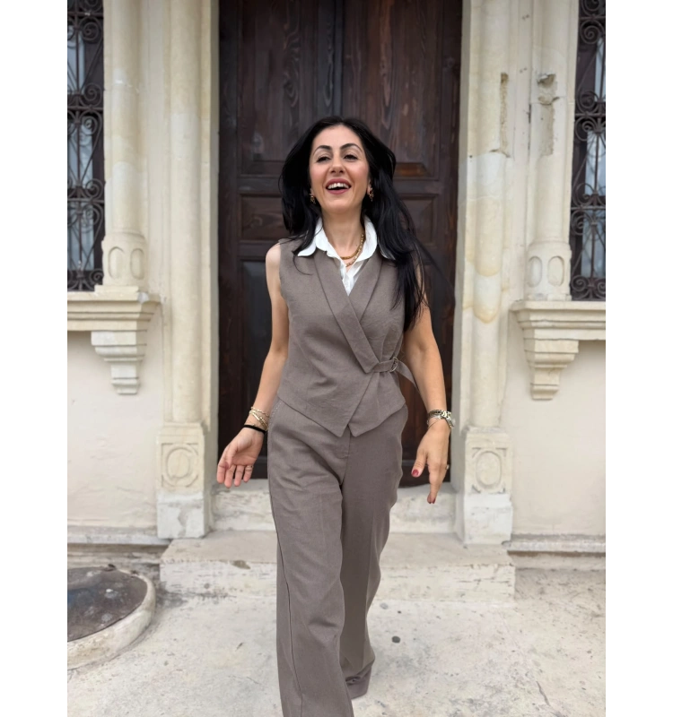 Karen poplin yeleklı keten tekım