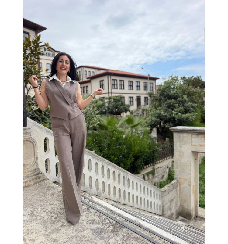Karen poplin yeleklı keten tekım