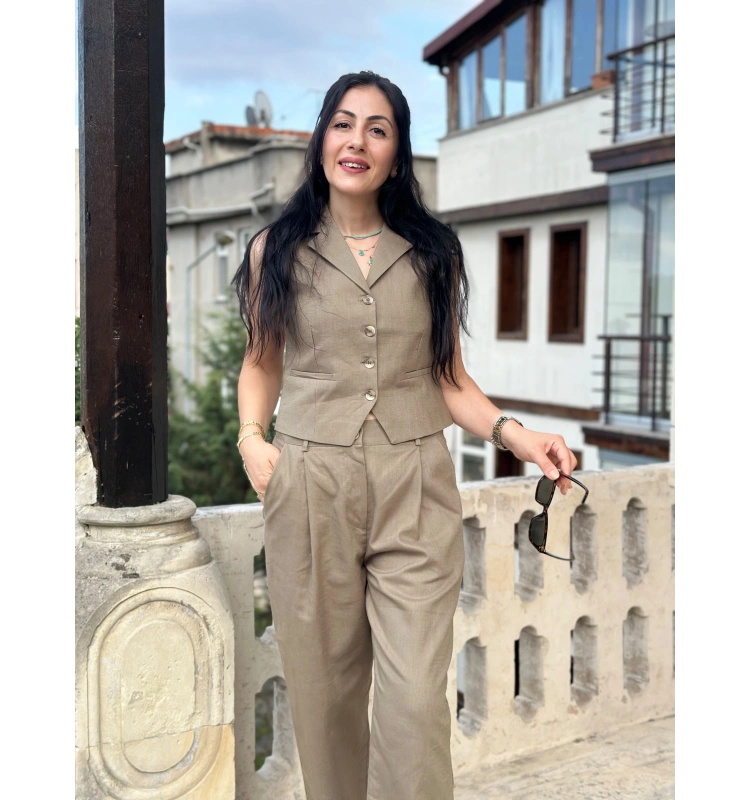 Yeşil Keten Yelekli Takım