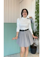 Pileli Elbise Beyaz+Gri
