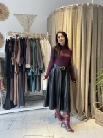 Siyah Kemerli Midi Deri Etek