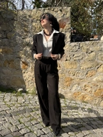 Siyah Keten Pantalon Crop Ceket Takım