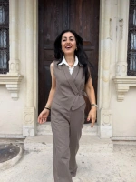 Karen poplin yeleklı keten tekım