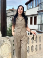 Yeşil Keten Yelekli Takım