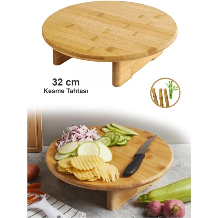 Bambu Yuvarlak Kesme Tahtası Ayaklı 32 x 32 x 7 cm