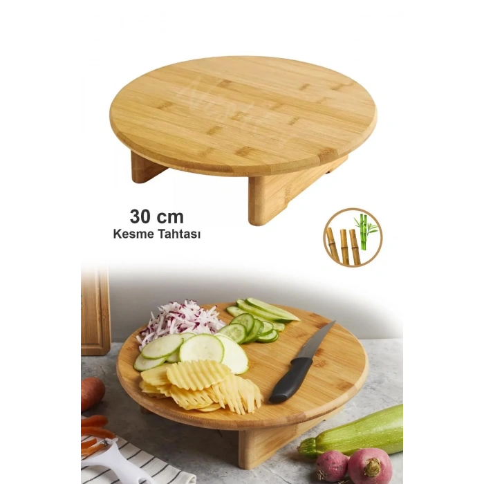 Bambu Yuvarlak Kesme Tahtası Ayaklı 30 x 30 x 7