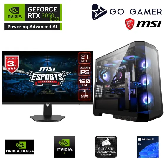 Go Gamer GA252DP AMD Ryzen 5 7500F / 16GB DDR5 5200Mhz / 1TB NVMe SSD 5000-3600MB-sn Gen4 / RTX3050 8GB / MSI 27 180Hz. / Windows 11 Pro Masaüstü Bilgisayar