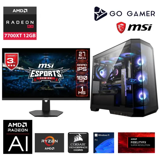 Go Gamer GA349DP AMD Ryzen 5 7600 / 16GB DDR5 5200Mhz / 1TB NVMe SSD 5000-3600MB-sn Gen4 / RX7700XT 12GB / MSI 27 180Hz. / Windows 11 Pro Masaüstü Bilgisayar