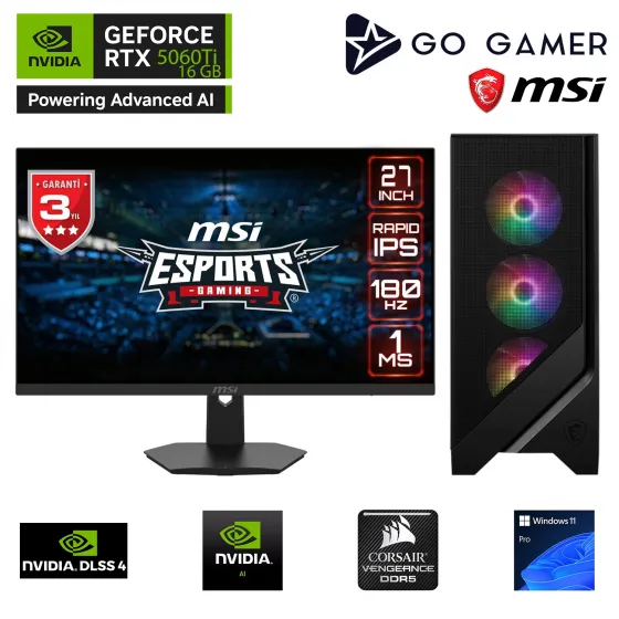 Go Gamer GA362DC AMD Ryzen 5 7600 / 32GB DDR5 6000Mhz / 1TB NVMe SSD 5000-3600MB-sn Gen4 / RTX 5060Ti 16GB / MSI 27 180Hz. / Windows 11 Pro Masaüstü Bilgisayar