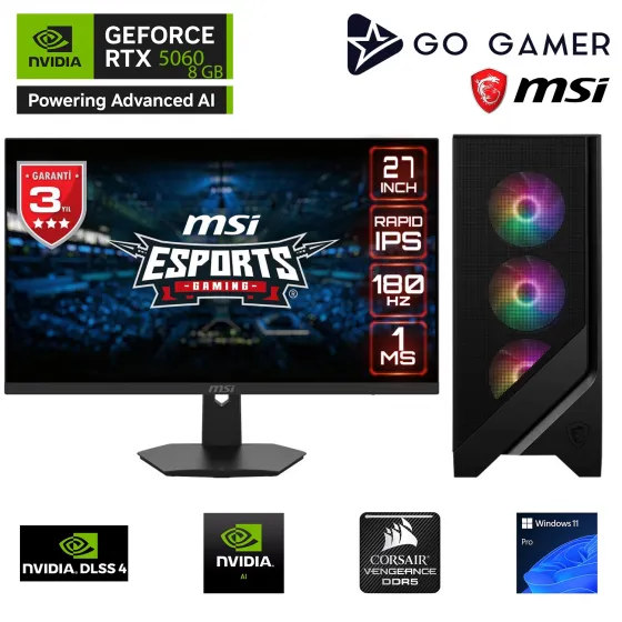 Go Gamer GA479DC AMD Ryzen 5 7600X3D / 64GB DDR5 6000Mhz / 1TB NVMe SSD 5000-3600MB-sn Gen4 / RTX 5060 / 240mm Sıvı Soğutma / MSI 27 180Hz. / Windows 11 Pro Masaüstü Bilgisayar