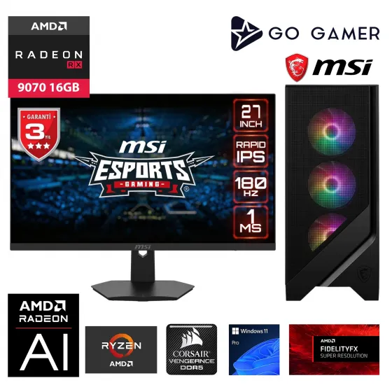 Go Gamer GA493DC AMD Ryzen 5 7600X3D / 32GB DDR5 6000Mhz / 1TB NVMe SSD 5000-3600MB-sn Gen4 / RX 9070 16GB / 240mm Sıvı Soğutma / MSI 27 2K 180Hz. / Windows 11 Pro Masaüstü Bilgisayar
