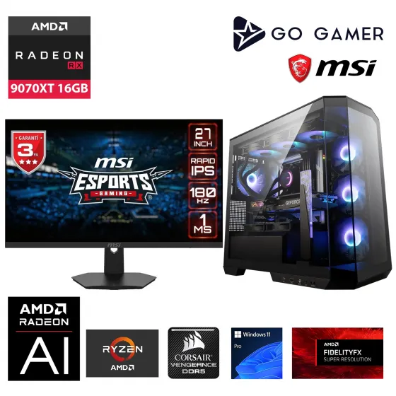 Go Gamer GA616DP AMD Ryzen 5 9600X / 32GB DDR5 6000Mhz / 1TB NVMe SSD 5000-3600MB-sn Gen4 / RX 9070 XT 16GB / 240mm Sıvı Soğutma / MSI 27 180Hz. / Windows 11 Pro Masaüstü Bilgisayar