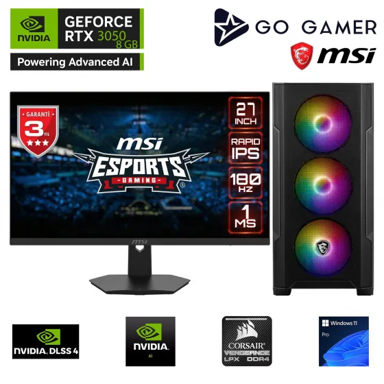 Go Gamer GA654D AMD Ryzen 7 5700X / 16GB 3200MHz / 1TB NVMe SSD 5000-3600MB-sn Gen4 / RTX3050 8GB / MSI 27 180Hz. / Windows 11 Pro Masaüstü Bilgisayar