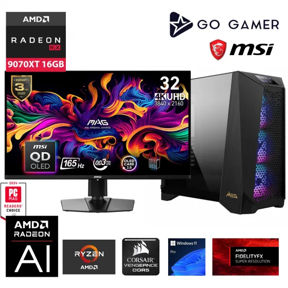 Go Gamer PS08D MSI Prospect / AMD Ryzen 7 9800X3D / X870 / 128GB DDR5 6000Mhz Ram / RX 9070XT 16GB / 2TB 14000-14700MB-sn NVMe Gen5 SSD / 360mm Sıvı Soğutma / MSI 31.5 4K OLED / Windows 11 Pro Workstation Masaüstü Bilgisayar