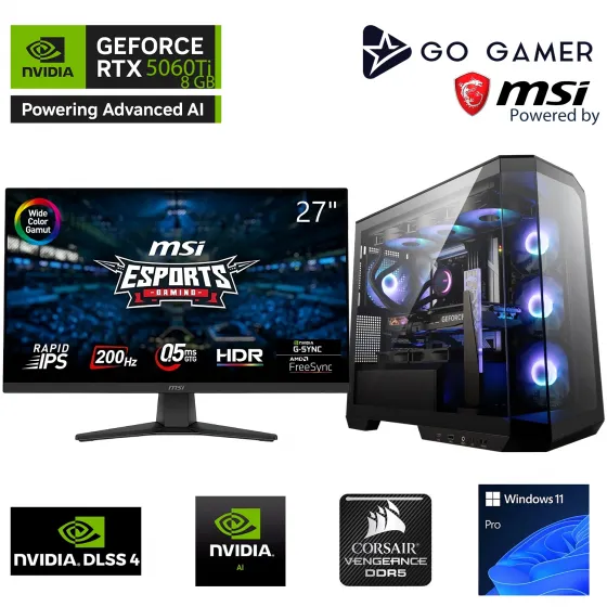 Go Gamer S939DP Intel Core i7 14700F / 64GB 5200MHz DDR5 / 1TB NVMe SSD 5000-3600MB-SN Gen4 / RTX5060Ti 8GB / 240mm Sıvı Soğutma / MSI 27 200Hz / Windows 11 Pro Masaüstü Bilgisayar
