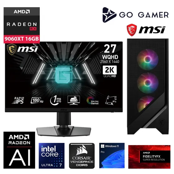 Go Gamer U84D Intel Core Ultra 7 265KF / 64GB DDR5 6000MHz / 1TB NVMe SSD 5000-3600MB-SN Gen4 / RX9060 XT 16GB / 240mm Sıvı Soğutma / MSI 27 2K 180Hz / Windows 11 Pro Masaüstü Bilgisayar