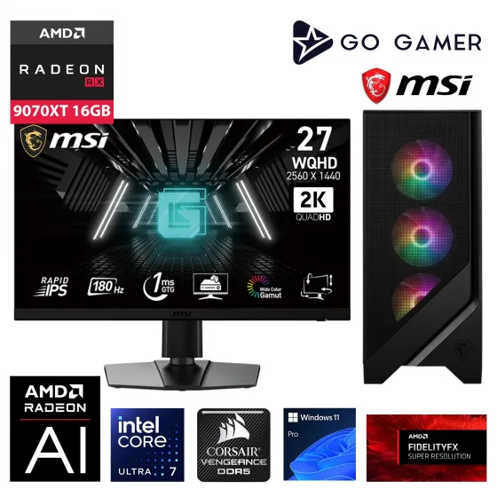 Go Gamer U99D Intel Core Ultra 7 265KF / 32GB DDR5 6000MHz / 1TB NVMe SSD 6000-4000MB-SN Gen4 / RX 9070 XT 16GB / 240mm Sıvı Soğutma / MSI 27 2K 180Hz / Windows 11 Pro Masaüstü Bilgisayar