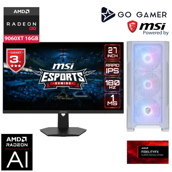 Go Gamer WE140D AMD Ryzen 5 9600X / 32GB DDR5 5600Mhz / 1TB NVMe m.2 SSD / RX9060XT 16GB / 240mm Sıvı Soğutma / MSI 27 180Hz. / Beyaz Kasa Gaming Paket