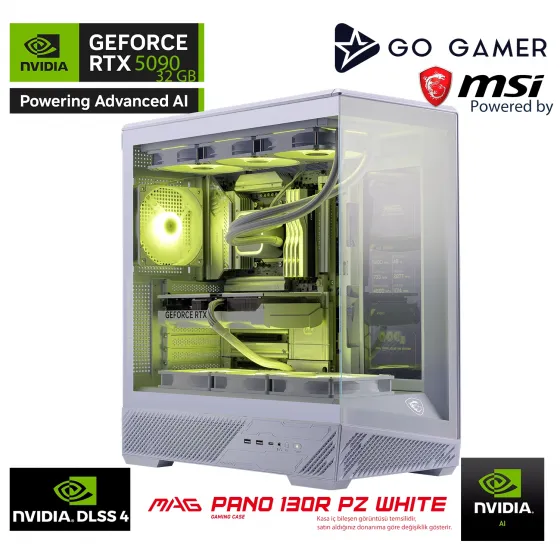 Go Gamer WE322DP AMD Ryzen 9 9900X / 32GB DDR5 6000Mhz / 2TB NVMe m.2 Gen4 SSD / RTX5090 32GB / 360mm Sıvı Soğutma / WiFi 6E & BT 5.3 / MSI 27 2K 180Hz. / AI Ready Beyaz Kasa Gaming Paket