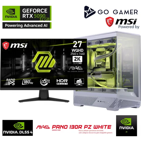 Go Gamer WE387DP AMD Ryzen 9 9950X3D / 64GB DDR5 6000Mhz / 2TB NVMe m.2 Gen5 SSD / RTX5090 32GB / 360mm Sıvı Soğutma / WiFi 7 & BT 5.4 / MSI 27 2K 180Hz. / AI Ready Beyaz Kasa Gaming Paket
