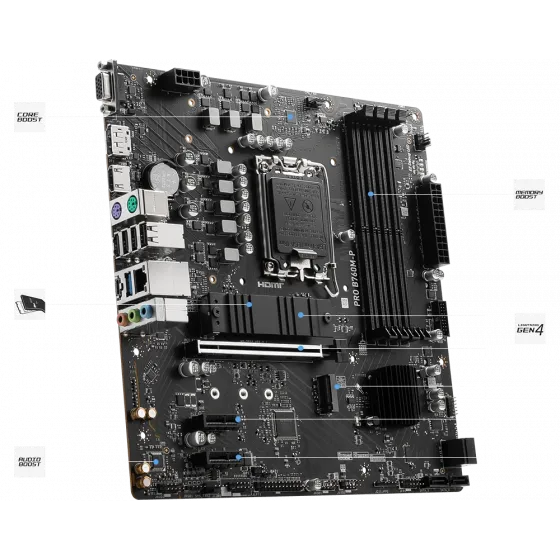 MSI PRO B760M-P SOKET 1700 DDR5 6800(OC) PCI-E M.2 USB3.2 HDMI DP VGA 1X 1G LAN MATX