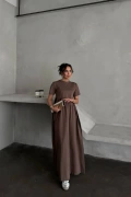 Perla Kısa Kol Elbise - Kahve