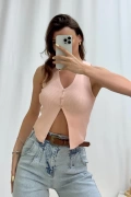 Eve Düğmeli Yelek - Pudra