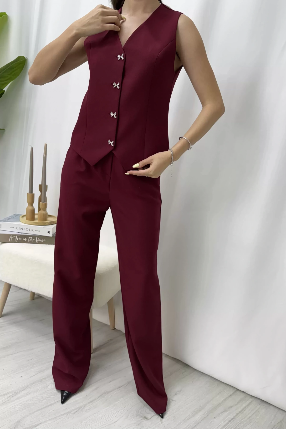 Olivia Kurdele Yelekli Takım - Bordo