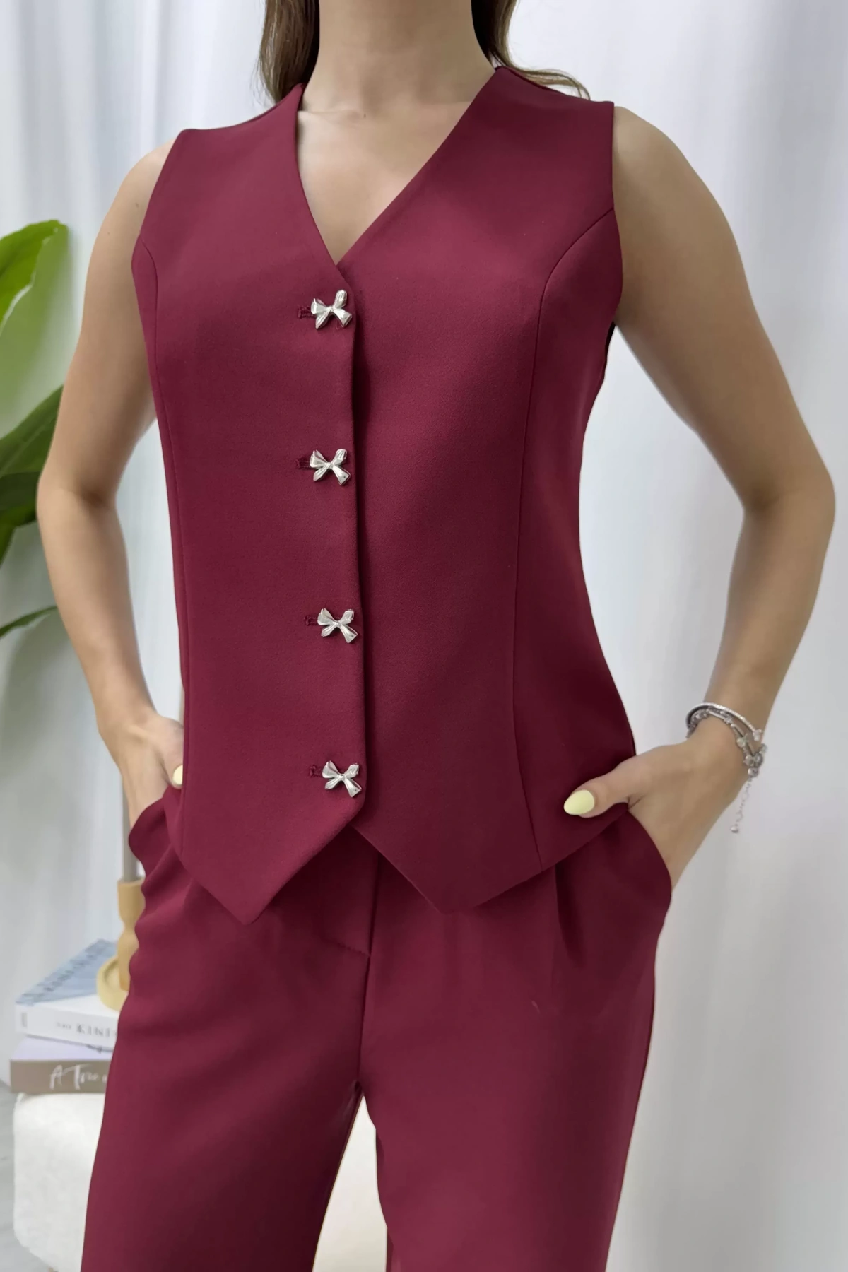 Olivia Kurdele Yelekli Takım - Bordo