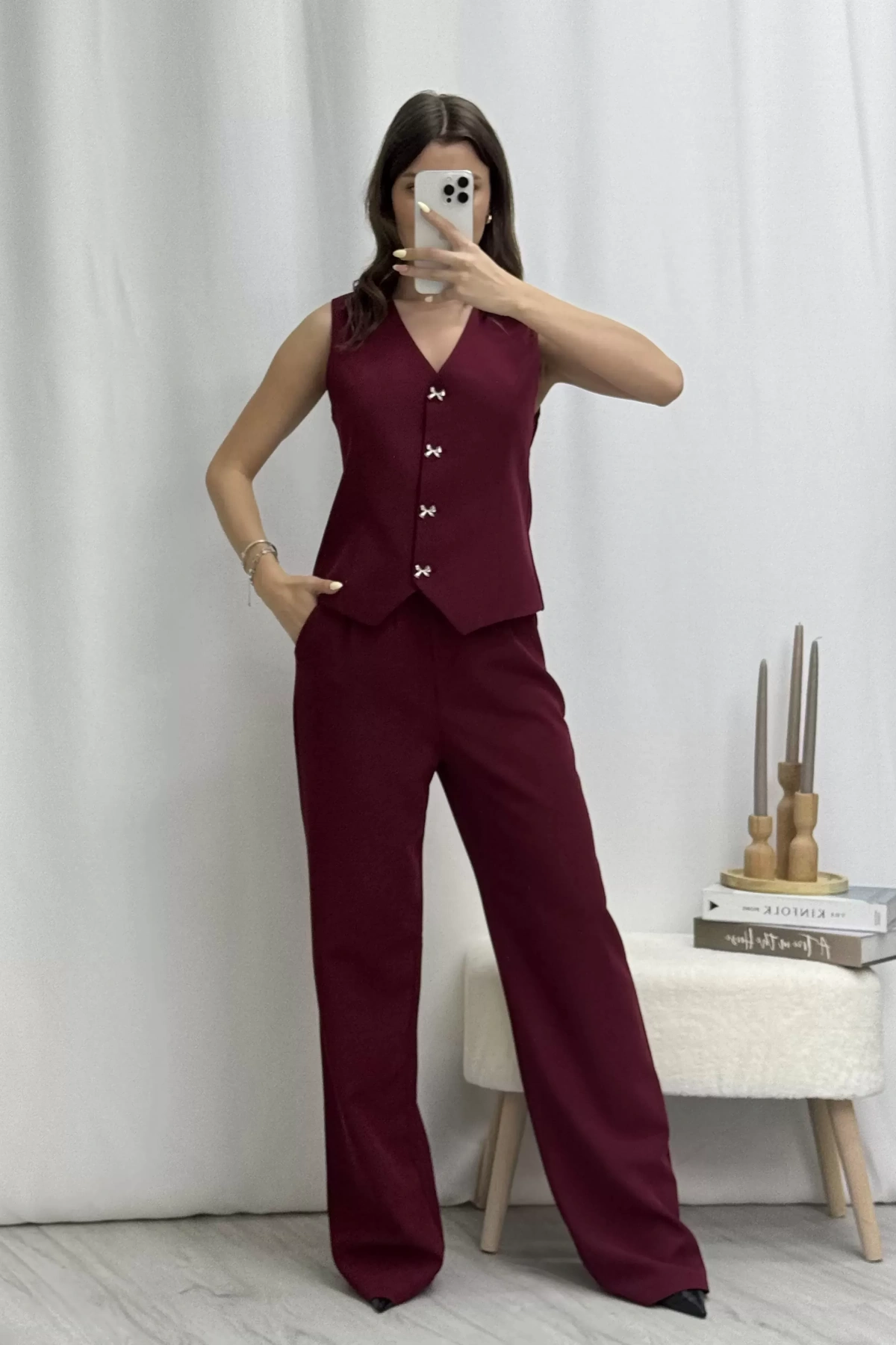 Olivia Kurdele Yelekli Takım - Bordo