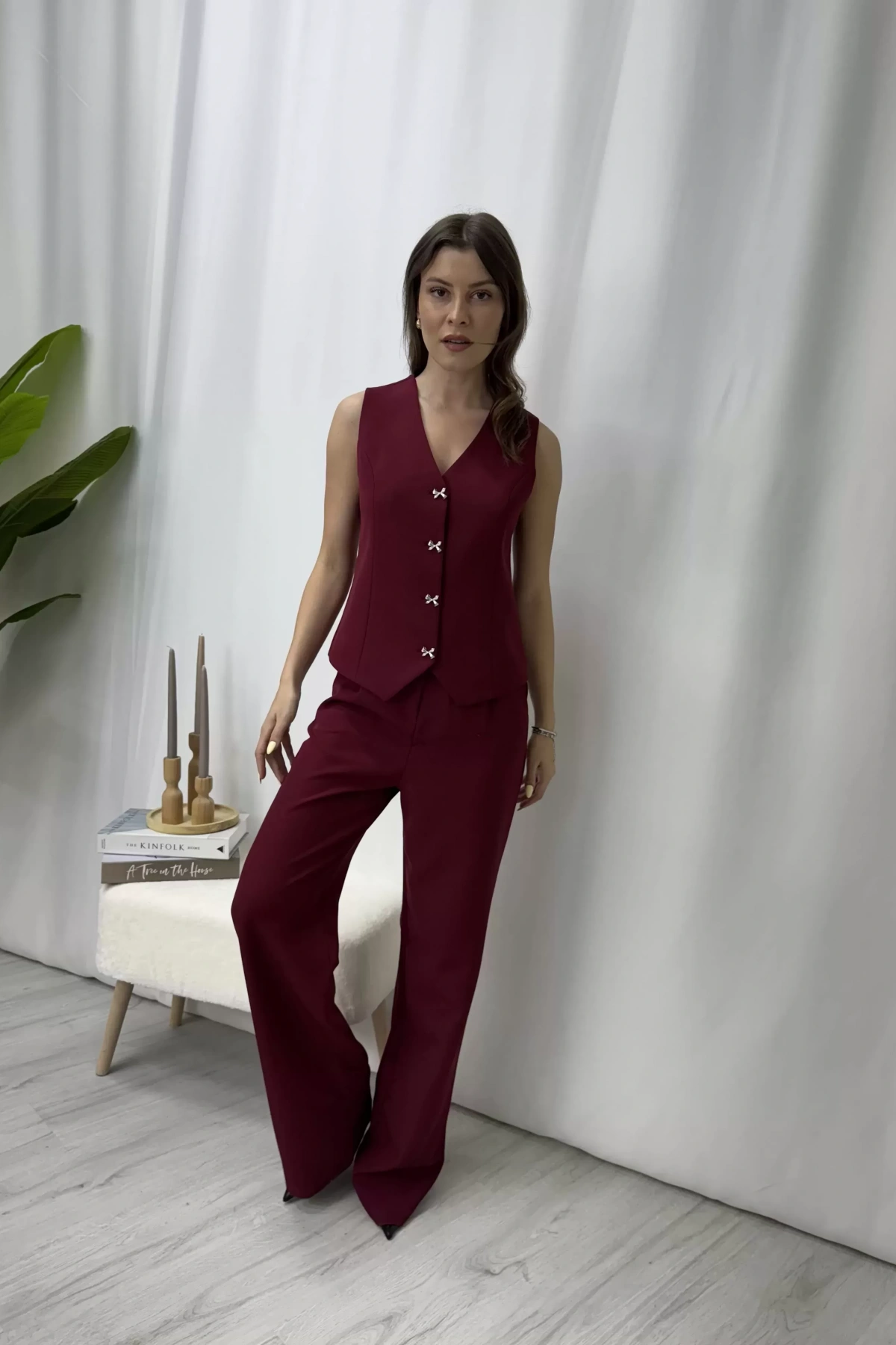 Olivia Kurdele Yelekli Takım - Bordo