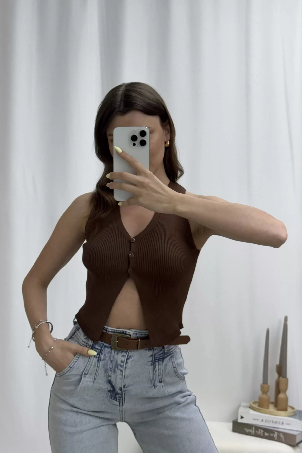 Eve Düğmeli Yelek - Kahve