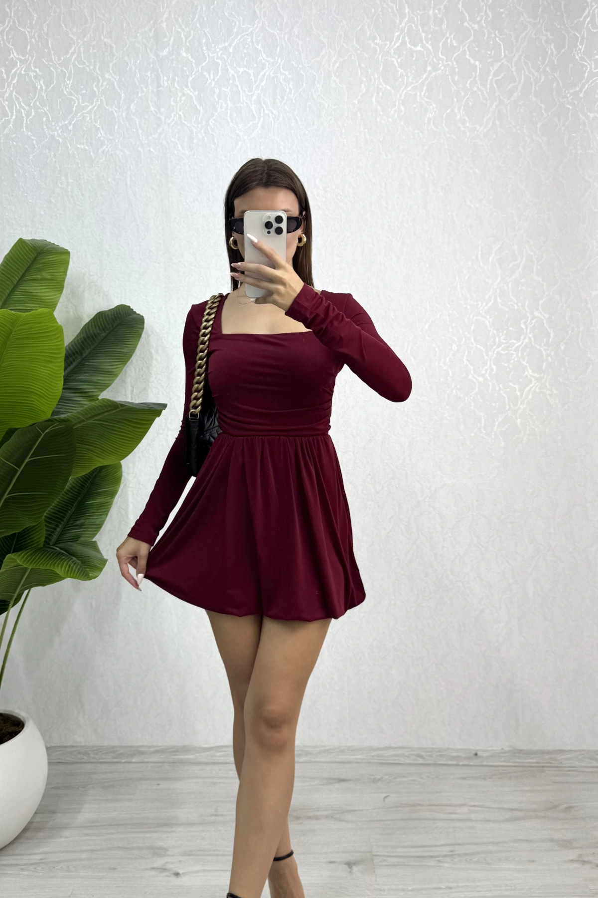 Amaya Balon Elbise-Bordo