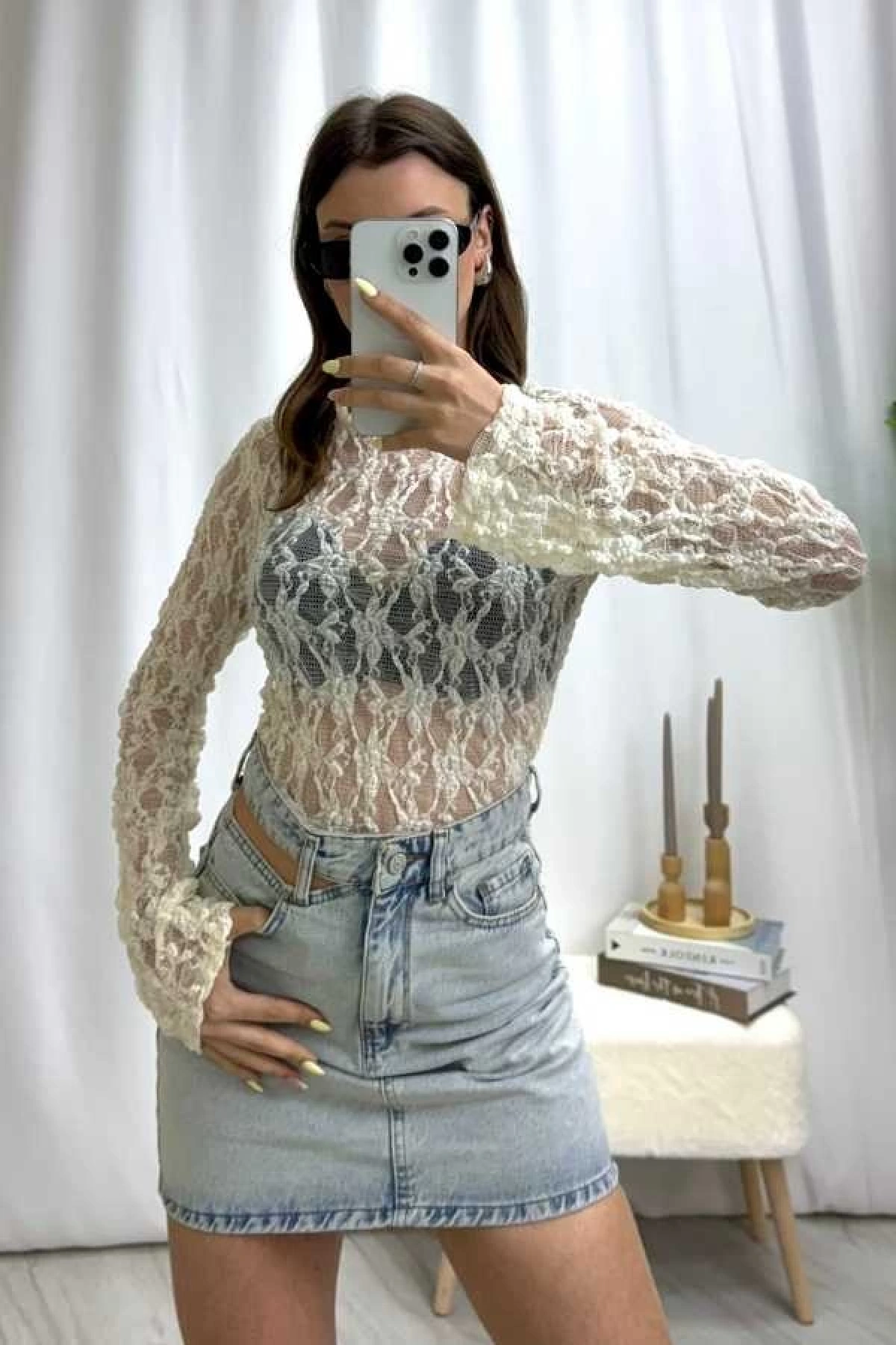 Dantel Crop Bluz - Krem