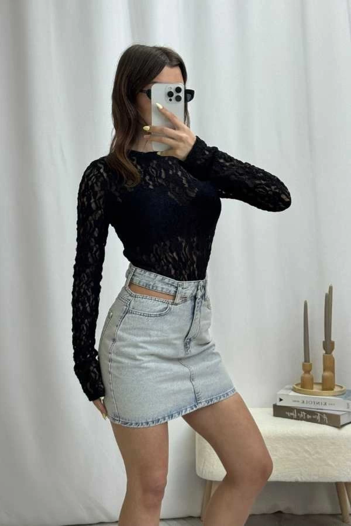 Dantel Crop Bluz - Siyah