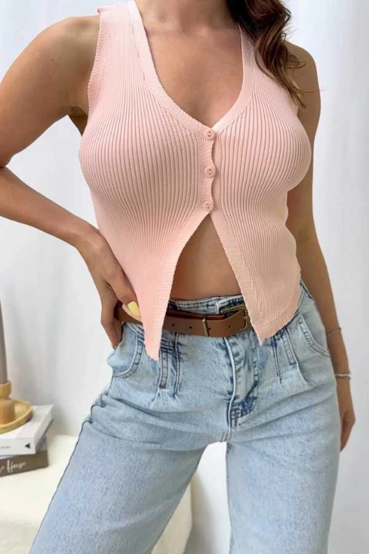 Eve Düğmeli Yelek - Pudra