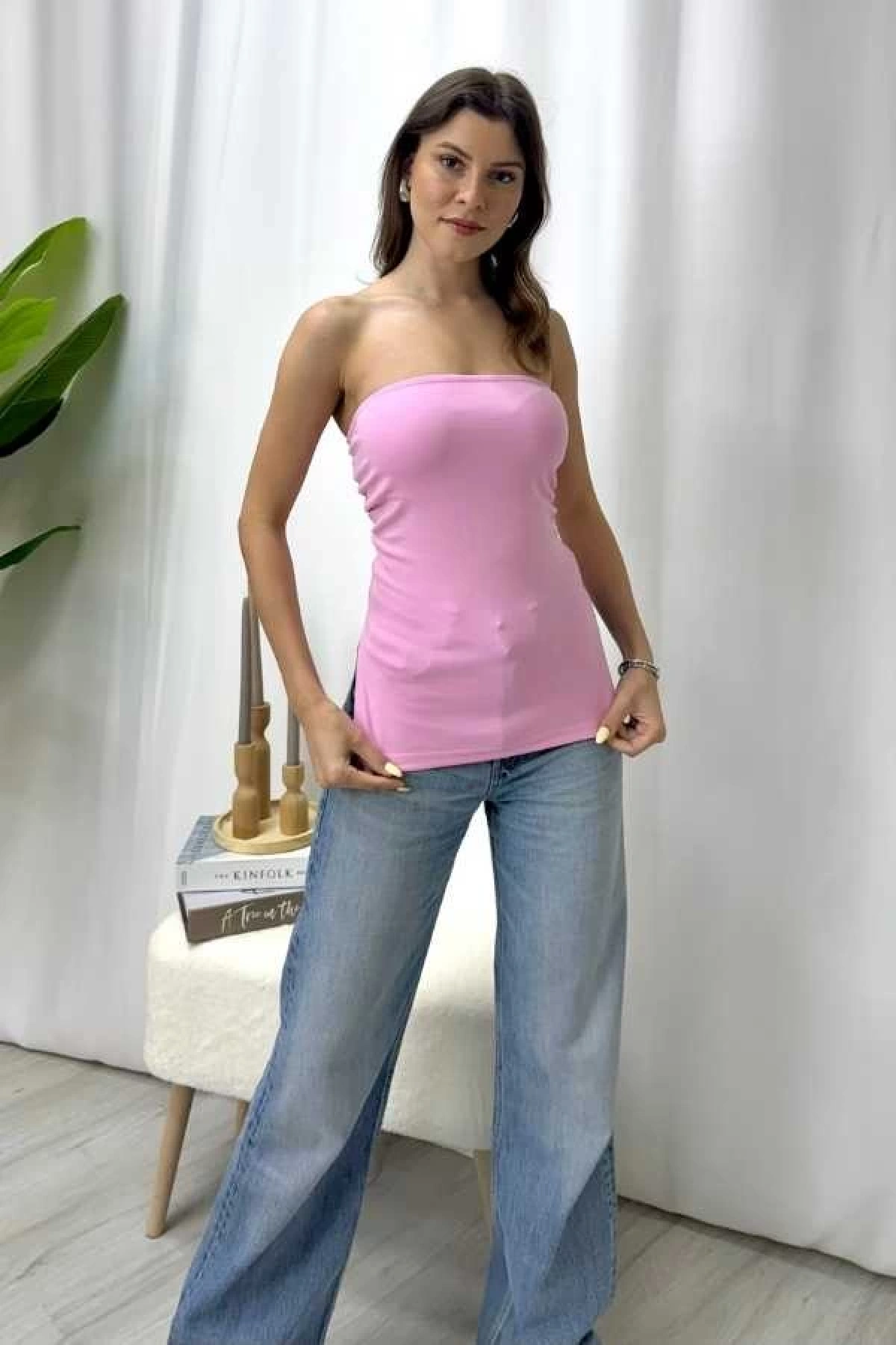 Gale Yan Büzgülü Straplez - Pembe