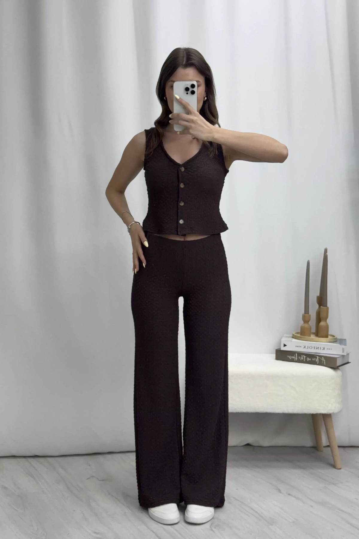 Gofre Dökümlü Takım - Kahve