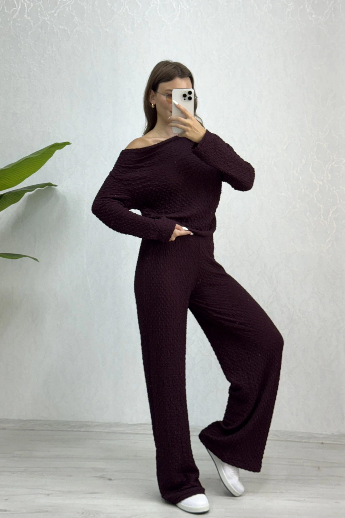 Lia Kayık Yaka Takım - Bordo