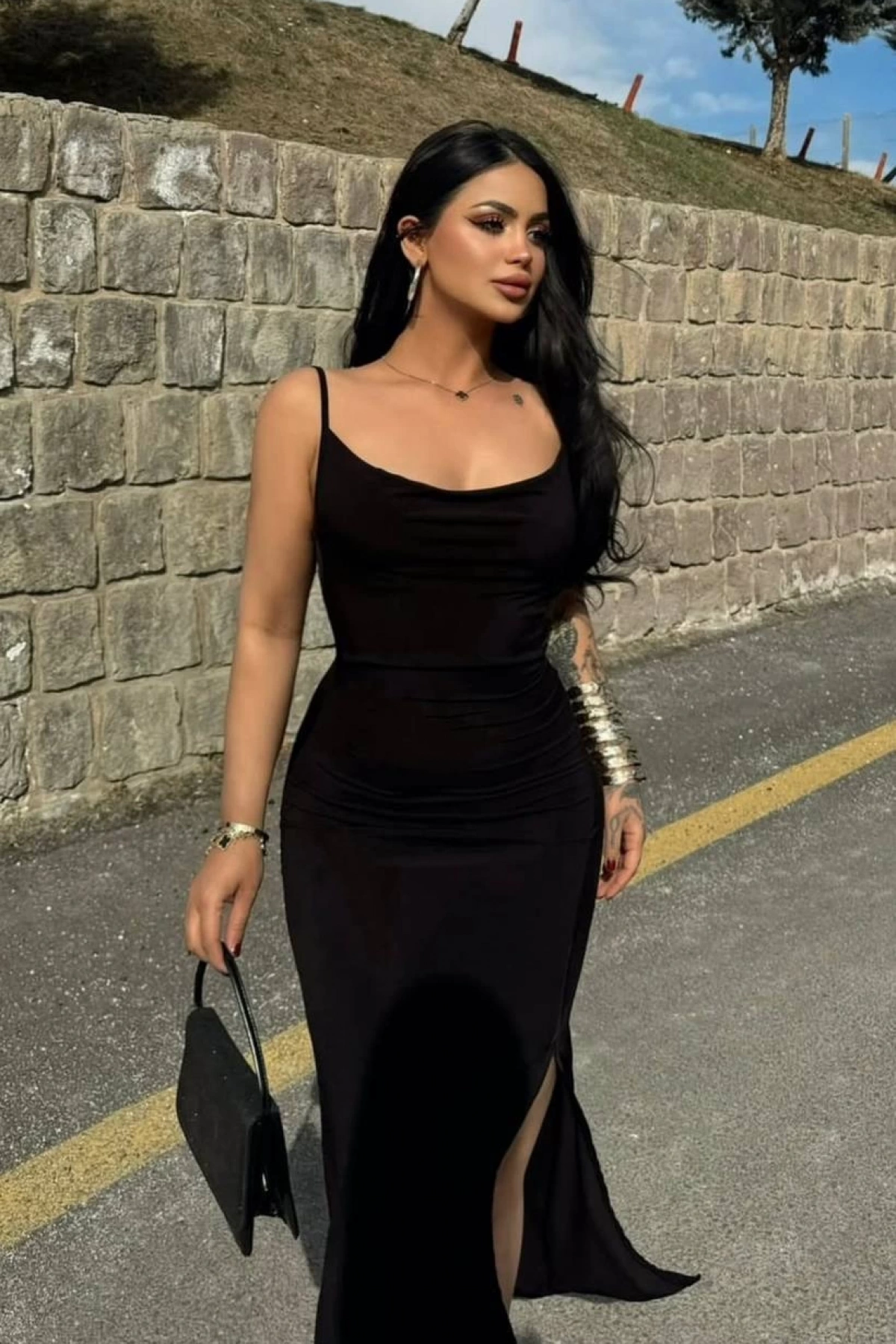 Degaje Yaka Sandy Elbise - Siyah