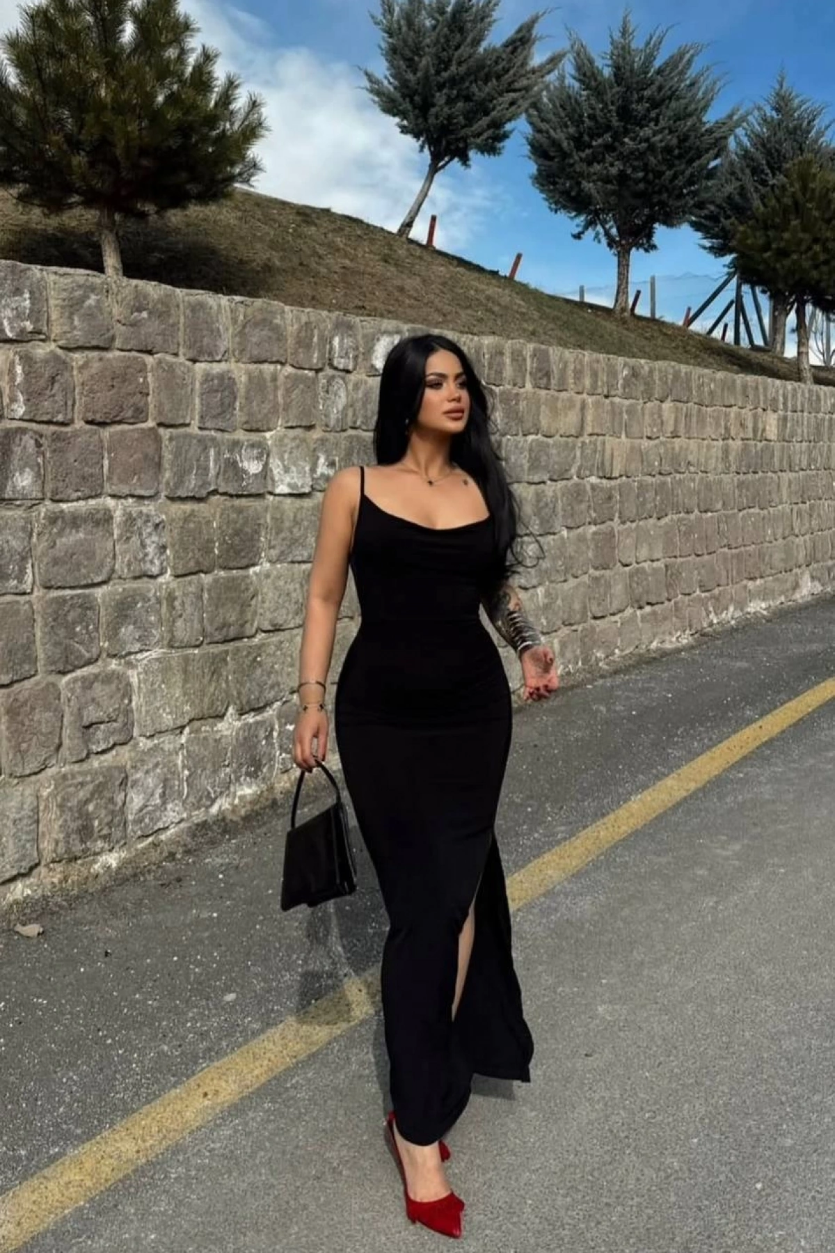 Degaje Yaka Sandy Elbise - Siyah