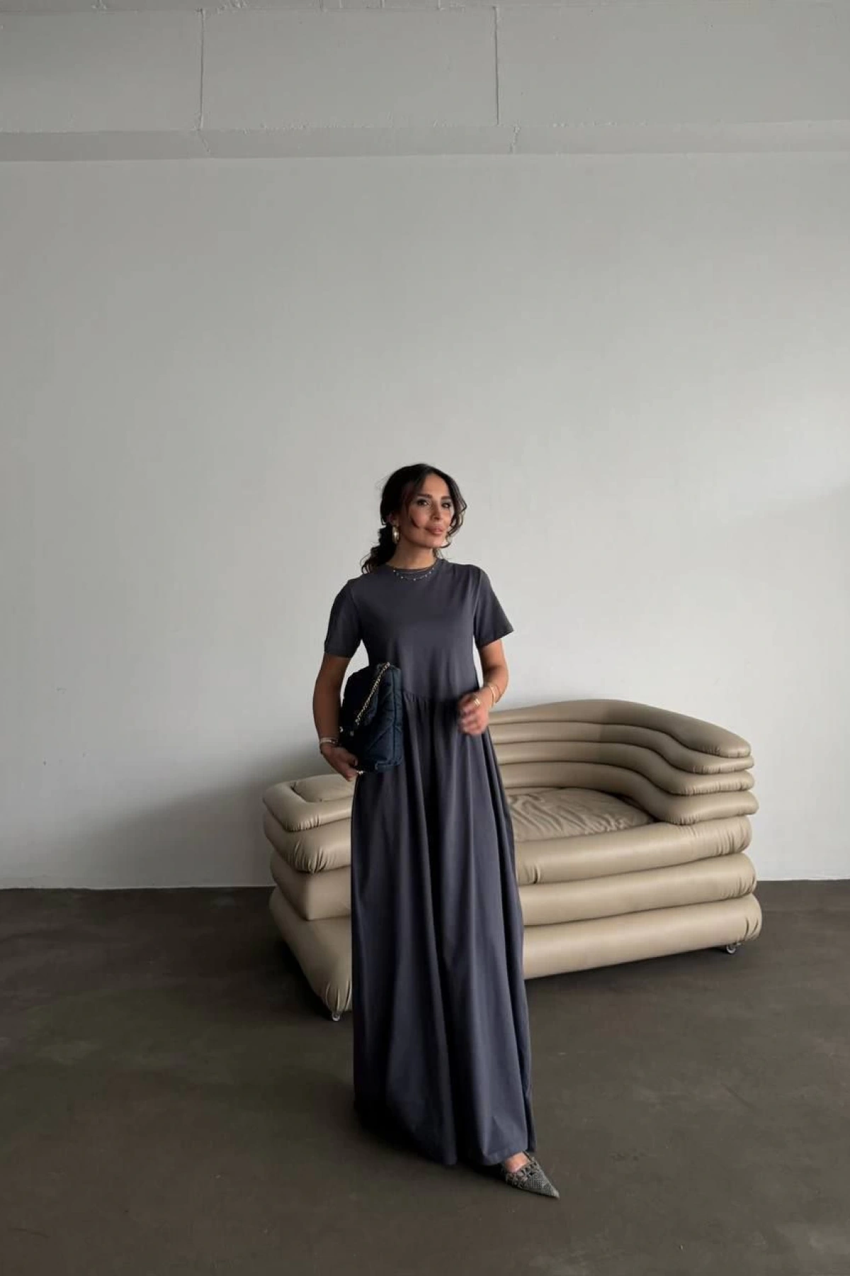 Perla Kısa Kol Elbise - Gri