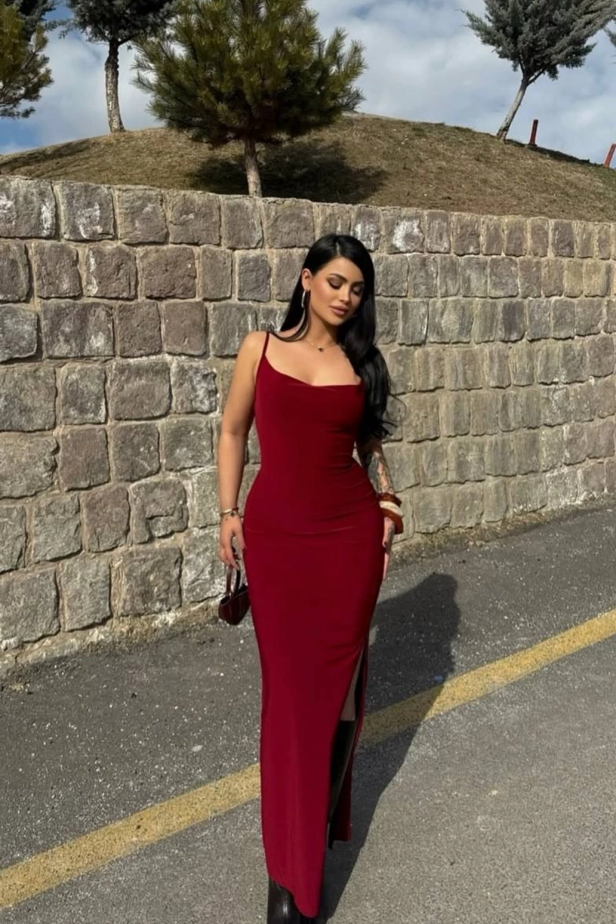 Degaje Yaka Sandy Elbise - Bordo